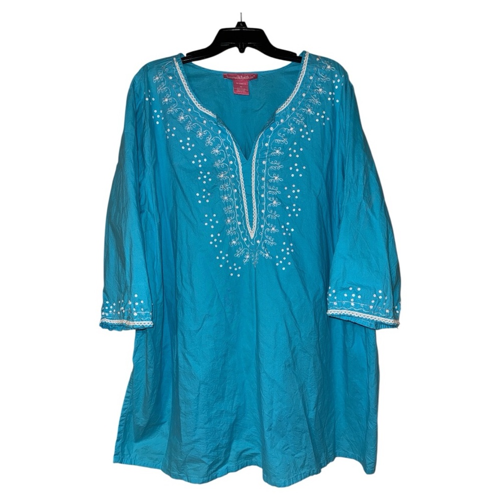 Woman Within Tunic Blouse‎ Embroidered Sequin Cotton Turquoise Blue Boho Size 3X